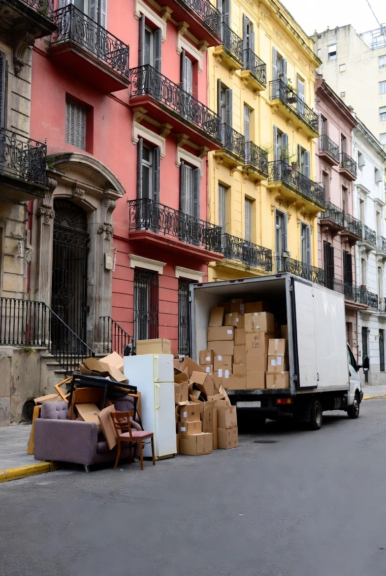 Mudanza porteña complicada en Buenos Aires con camión y muebles apilados en vereda estrecha