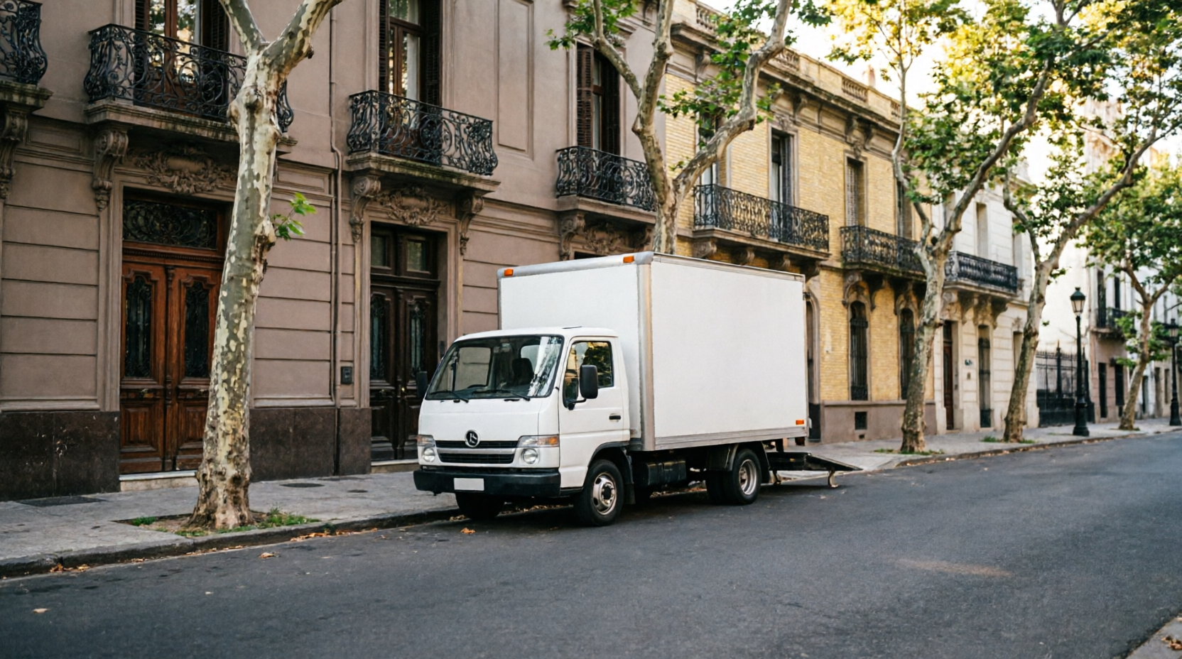 Camión de mudanzas express en CABA estacionado en una calle arbolada de Buenos Aires