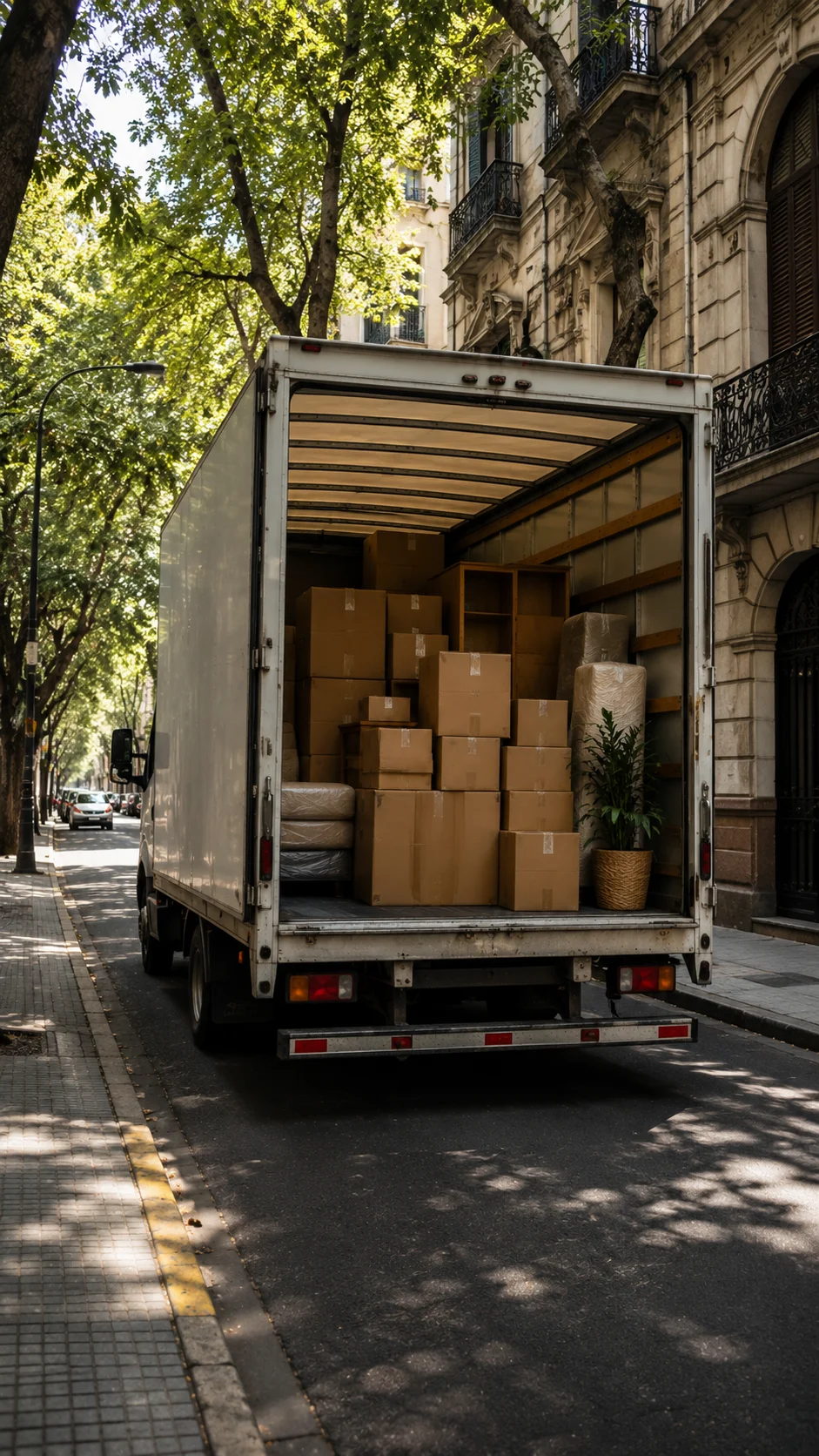 Furgón de fletes con el interior a la vista: cajas selladas, muebles enfundados y una planta, detenido frente a edificios con balcones en una avenida llena de árboles.